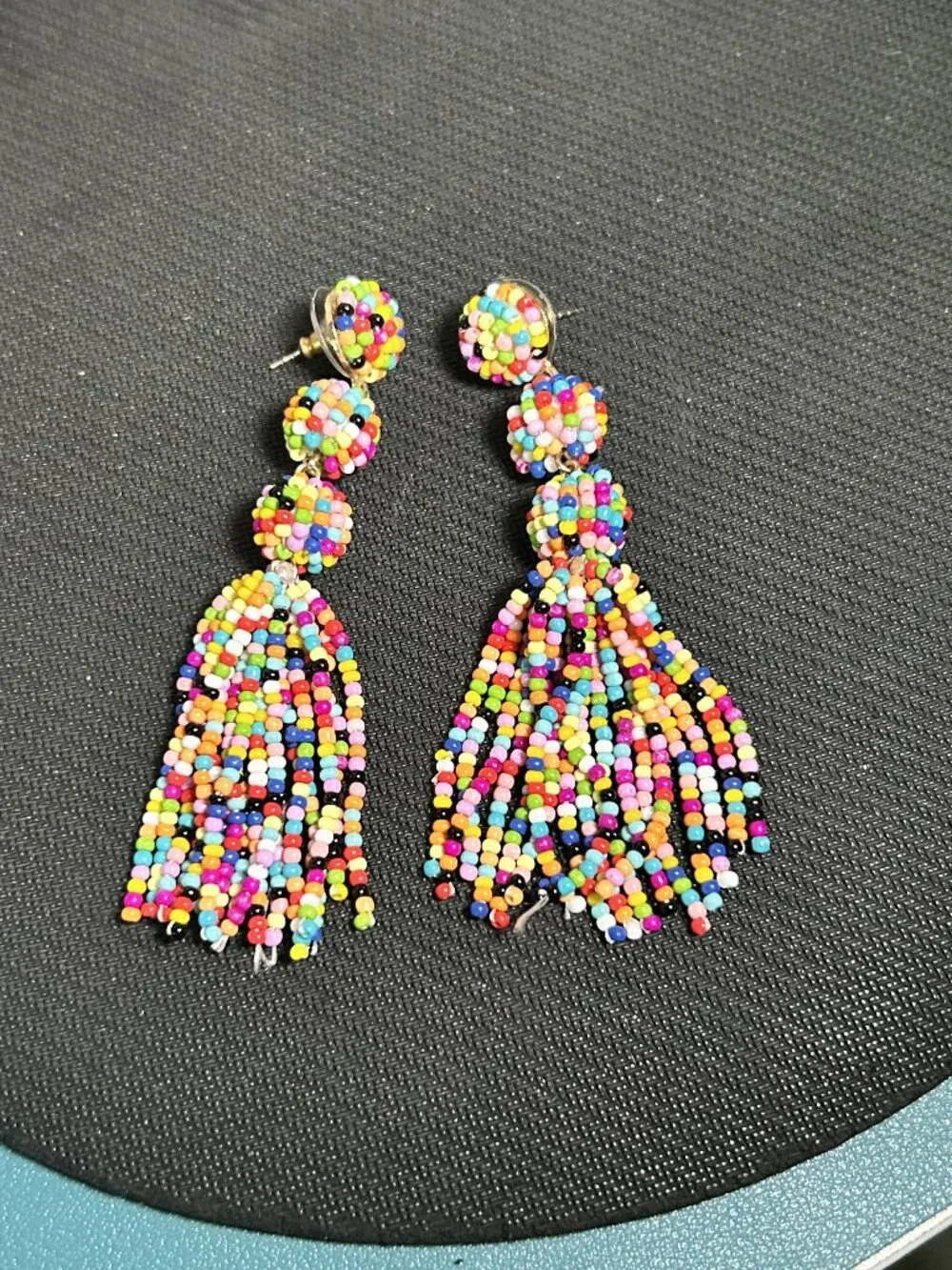 Multi Color Seed Bead Tiered Ball Tassel Dangle Statement Earrings